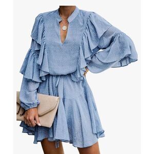NEW V Neck High Waist Ruffle Loose Flowy Mini Dress L NO BELT